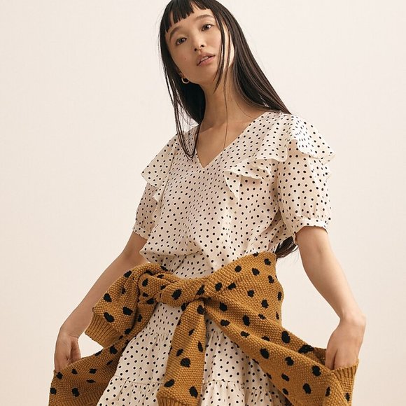 Madewell Silk V-Neck Shoulder-Ruffle Top in Inkbrush Dots - Picture 9 of 9